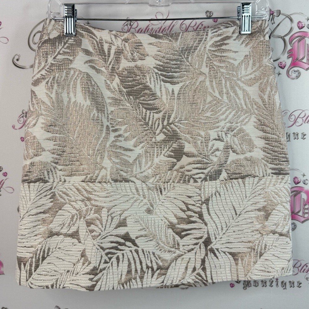 Etam skirt tropical floral shiny gold Chic Leaf Patterned Skirt in Cream and Tan